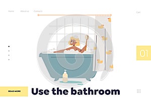 Use bathroom concept of landing page with cute girl toddler taking bath