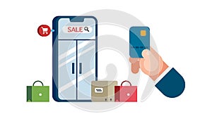 Use a credit card to shop online. There is a smartphone as a symbol of the shop.Simplicity. of commodity trading. stock