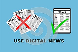 Use the digital news concept with a tab showing the news. Canceling or boycotting the newspaper. Choosing online news with a tab.