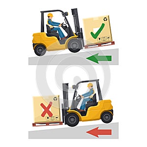 Use of forklifts on slopes. Go up and down slopes with the loaded forklift. Safety in handling a forklift truck. Security First.