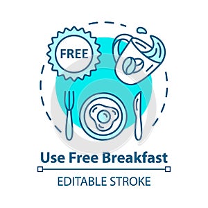 Use free breakfast concept icon. Budget travel, cost effective nutrition idea thin line illustration. Morning meal on