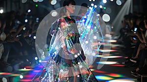 The use of holographic fabric creates an illusion of weightlessness making the models look like they are floating down photo