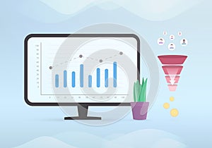 Use the Marketing Sales Funnel to Improve Conversion Rates concept illustration. Desktop computer on the screen growing