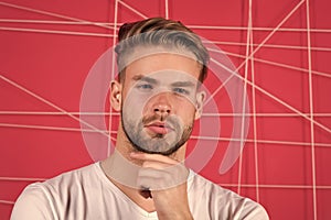 Use right product styling hair. Confident with tidy hairstyle. Barber hairstyle tips. Man bearded guy modern hairstyle