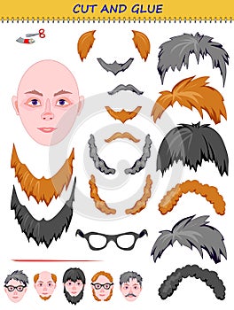 Use a scissors to cut and glue the imaginary face. Educational page for little children. Printable template with exercise for kids