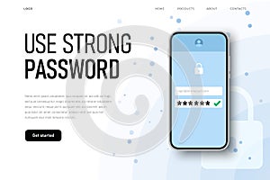 Use strong password reminder with realistic phone and password icon.