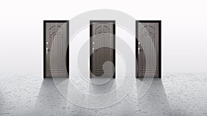 Three similar unremarkable doors over gray background photo