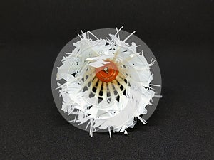Used badminton shuttlecocks are made of feathers on a black background, shuttlecocks are made of goose feathers arranged in a cone