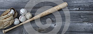 Used baseball equipment on vintage wooden background. Baseball sports concept with copy space