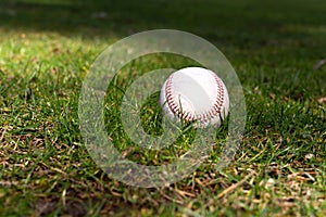 Used baseball laying on green grass on baseball field.