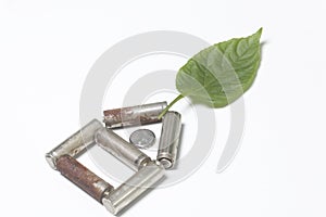 The used batteries lie in the form of a house. Above them is a juicy green leaf.