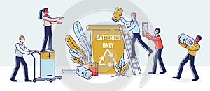 Used Batteries Recycling Concept. Tiny People Practise Waste Sorting, Throw Used Batteries Into Garbage Container