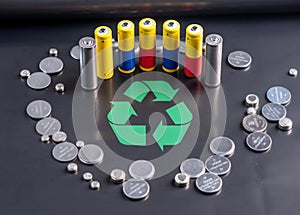 Used batteries and recycling symbol. Concept of ecological safety and eco friendly behavior