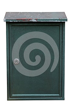 Used big dark green metal mailbox isolated on white background. Path saved