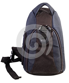 Used black and blue fabric camera bag isolated on white background