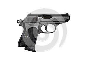 Used black metal pistol gun on white background