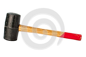 Used black Rubber Mallet with red wooden handle isolated on white background