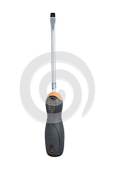 Used black screwdriver flat mouth, Flat-blade screwdriver isolated on a white background. Path saved