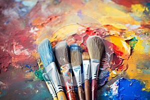 Used brushes on an artist's palette of colorful oil paint. Artist's PAintbrushes. Colorful Paint Brushes with the Colors. Colorf