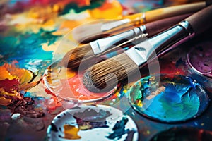 Used brushes on an artist's palette of colorful oil paint. Artist's PAintbrushes. Colorful Paint Brushes with the Colors. Colorf