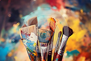 Used brushes on an artist's palette of colorful oil paint. Artist's PAintbrushes. Colorful Paint Brushes with the Colors. Colorf