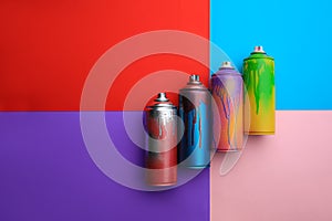 Used cans of spray paints on color background, flat lay. Graffiti supplies