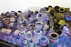 Used cans of Zynklon B displayed in Auschwitz museum photo