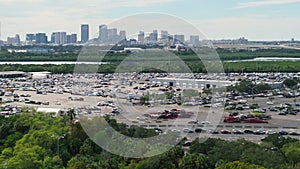 Used cars on dealer auction reseller company big parking lot ready for resale services. Sales of secondhand vehicles