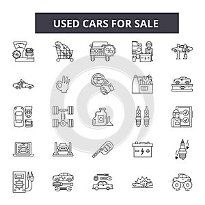 Used cars for sale line icons, signs, vector set, outline illustration concept