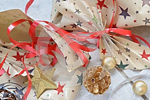 Used Christmas wrapping paper and decorations