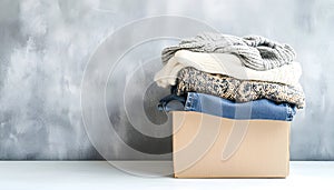 Used clothes in cardboard box on floor near grey wall. Space for text
