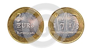 Used commemorative anniversary bimetal 3 euro â‚¬ Slovenia coin