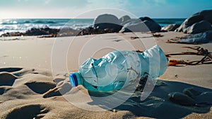 A used crumpled plastic drinking water bottle throw away on the sand, general waste, by AI Generative