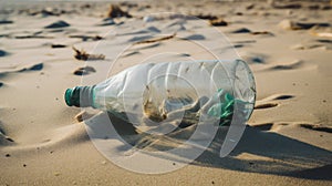 A used crumpled plastic drinking water bottle throw away on the sand, general waste, by AI Generative