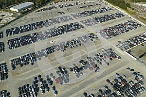 Used damaged cars on auction reseller company big parking lot ready for resale services. Sales of secondhand vehicles