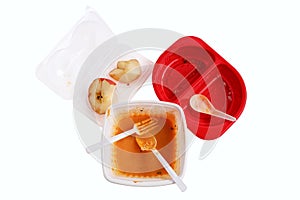 Used food box, disposable plastic containers isolated on white background. Top view