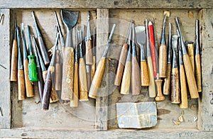 Used Full Set of Carpenter Tools for Wood Handcraft Work in The Old Wooden Box