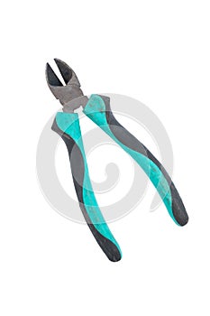 Used green pliers isolated on white background. Path saved