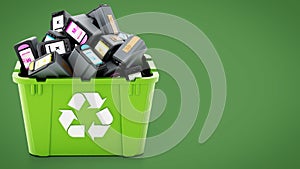 Used inkjet printer cartridges inside green recycle box. 3D illustration