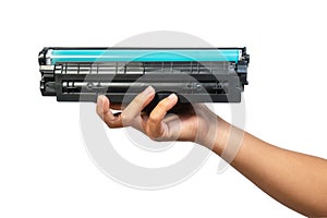 Used laser toner cartridge holding by hand of worker or user for replace, refill  with white background. Laser toner for eco and