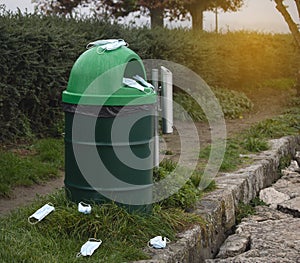 Used medical face masks wearing germ protection Coronavirus  for doctors and on the floor in the street,Improperly discarding used