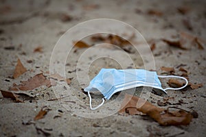 Used medical face masks wearing germ protection Coronavirus for doctors and on the floor in the street,Improperly discarding used