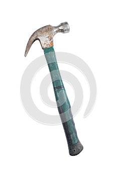 Used metal, claw hammer with green handle isolated on white background. Construction equipment.