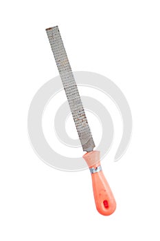 Used metal file with orange handle isolated on a white background. Construction equipment