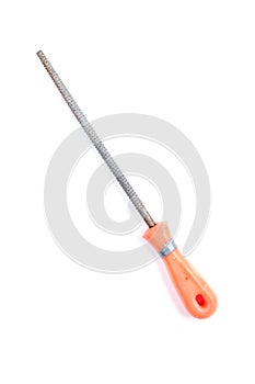 Used metal file with orange handle isolated on a white background. Construction equipment