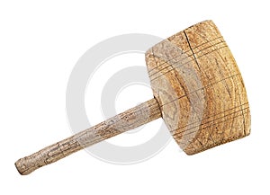 Used old hammer made of timber, white background. Vintage wooden mallet