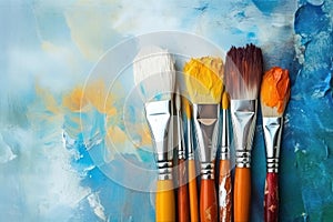 Used paint brushes. A bunch of brushes for painting with oil and acrylic paints. Artist paintbrushes in a artist studio