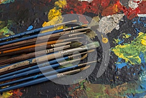 Used paint brushes closeup