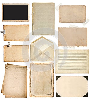 Used paper sheets set. Vintage book pages, photo frames, envelop