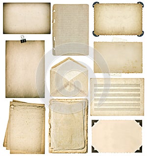 Used paper sheets set. Vintage book pages, photo frames, envelop